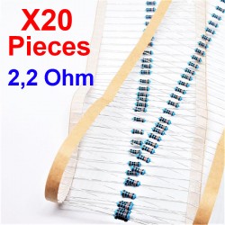 x20 Pz 2,2 Ohm, Resistore per foro passante, ± 1% 2,2R 1/4 W 0,25 MF25