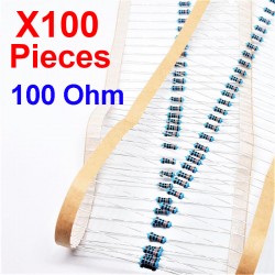 x100 Pcs 100 Ohm, Resistore per foro passante, ± 1% 100R 1/4 W 0.25 MF25
