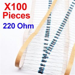 x100 Pcs 220 Ohm, Résistance traversante, ± 1% 220R 1/4 W 0.25 MF25