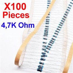 x100 Pcs 4,7K Ohm, Résistance traversante, ± 1% 4K7 1/4 W 0.25 MF25