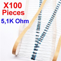 x100 Pcs 5,1K Ohm, Résistance traversante, ± 1% 5K1 1/4 W 0.25 MF25