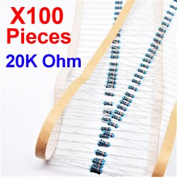 x100 Pcs 20K Ohm, Résistance traversante, ± 1% 20K 1/4 W 0.25 MF25